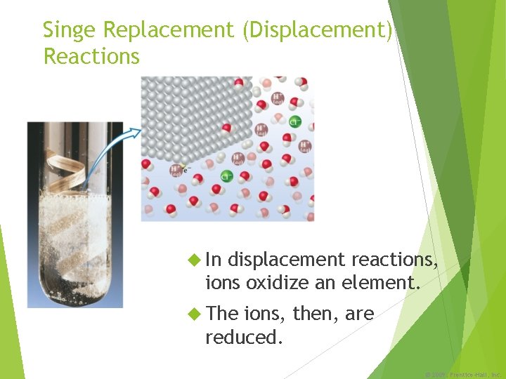 Singe Replacement (Displacement) Reactions In displacement reactions, ions oxidize an element. The ions, then,