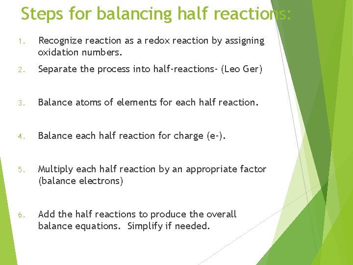 Steps for balancing half reactions: 1. Recognize reaction as a redox reaction by assigning