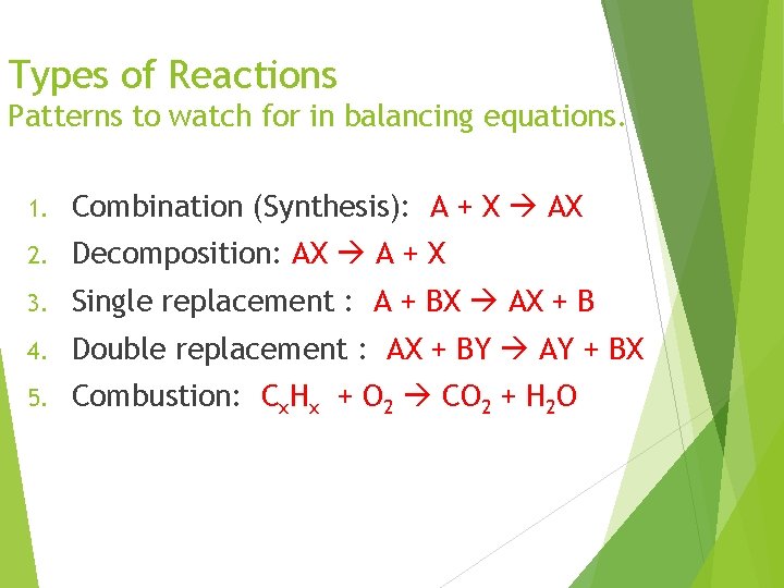 Types of Reactions Patterns to watch for in balancing equations. 1. Combination (Synthesis): A
