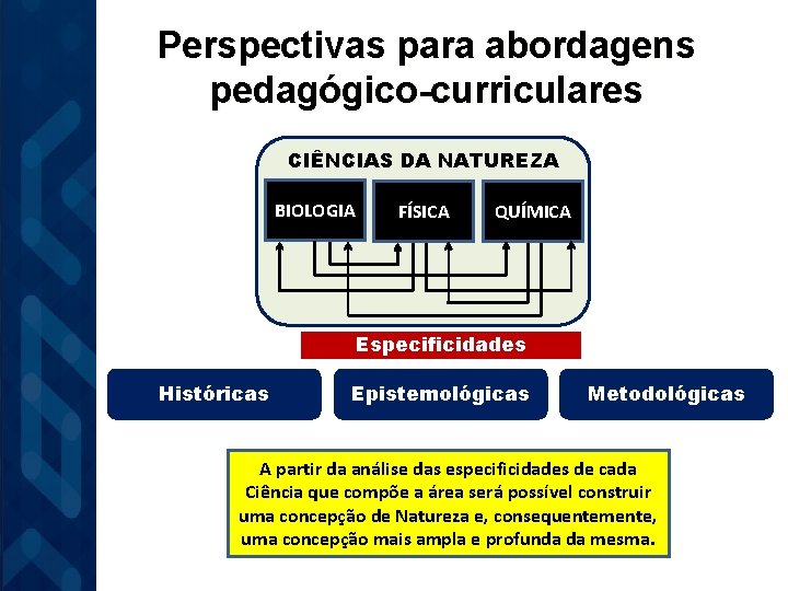 Perspectivas para abordagens pedagógico-curriculares CIÊNCIAS DA NATUREZA BIOLOGIA FÍSICA QUÍMICA Especificidades Históricas Epistemológicas Metodológicas