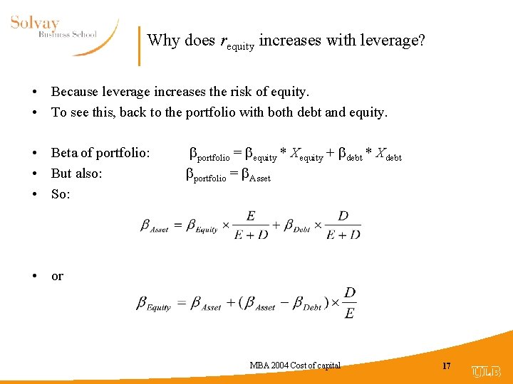 Why does requity increases with leverage? • Because leverage increases the risk of equity.