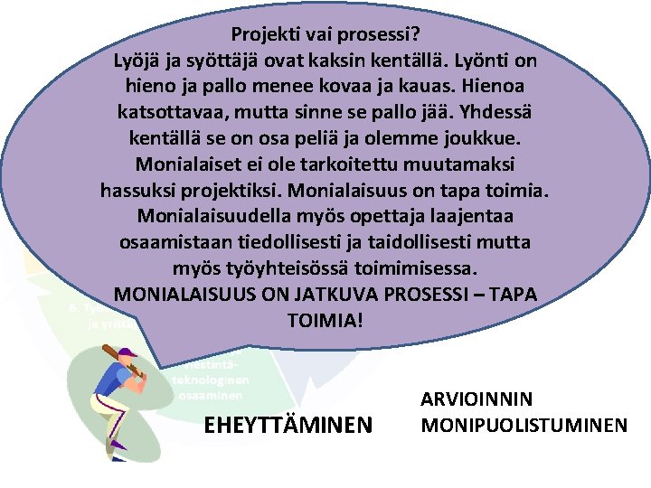 Projekti vai prosessi? Lyöjä ja syöttäjä ovat kaksin kentällä. Lyönti on hieno ja pallo