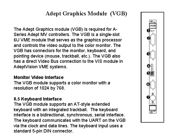 Adept Graphics Module (VGB) The Adept Graphics module (VGB) is required for ASeries Adept