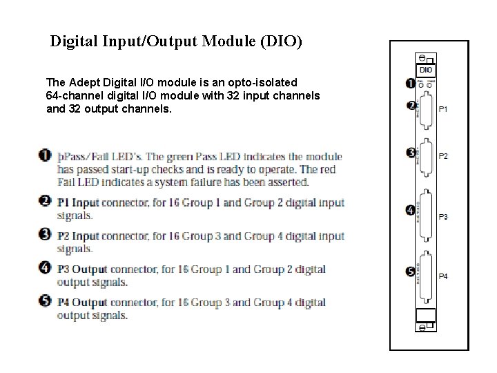 Digital Input/Output Module (DIO) The Adept Digital I/O module is an opto-isolated 64 -channel