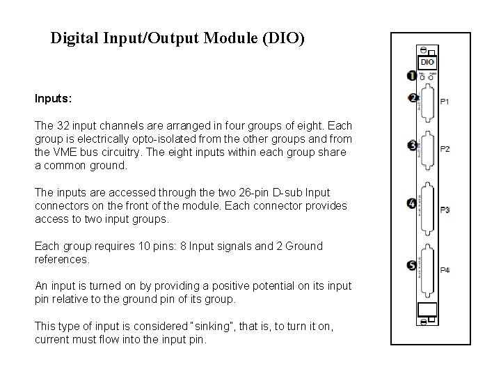 Digital Input/Output Module (DIO) Inputs: The 32 input channels are arranged in four groups