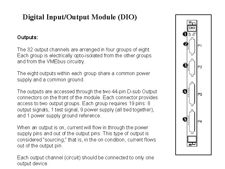 Digital Input/Output Module (DIO) Outputs: The 32 output channels are arranged in four groups