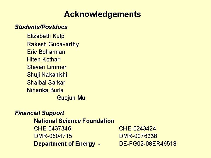 Acknowledgements Students/Postdocs Elizabeth Kulp Rakesh Gudavarthy Eric Bohannan Hiten Kothari Steven Limmer Shuji Nakanishi