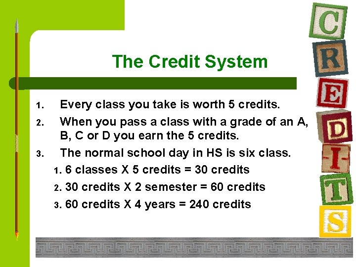 The Credit System 1. 2. 3. Every class you take is worth 5 credits.