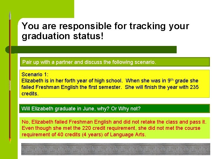 You are responsible for tracking your graduation status! Pair up with a partner and