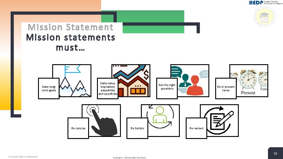 Mission Statement Mission statements must… State value, inspiration, plausibility and specificity State longterm goals