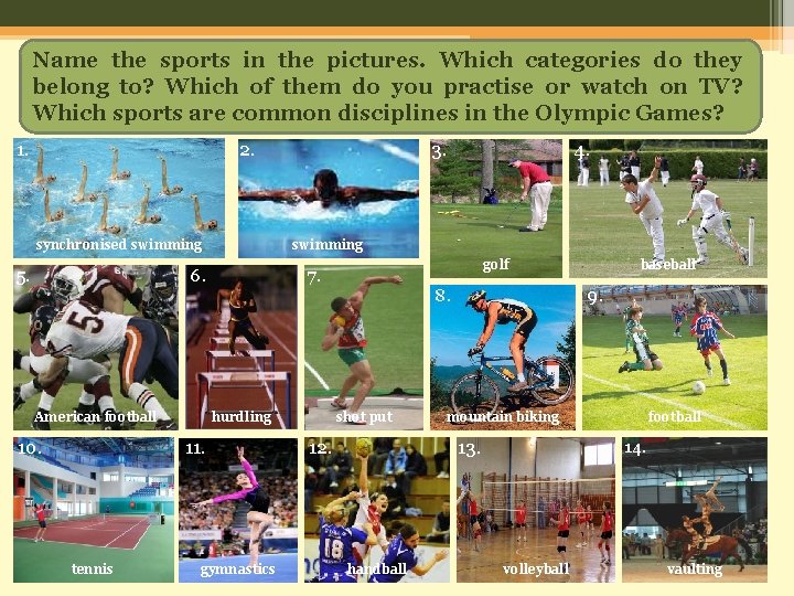 Name the sports in the pictures. Which categories do they belong to? Which of
