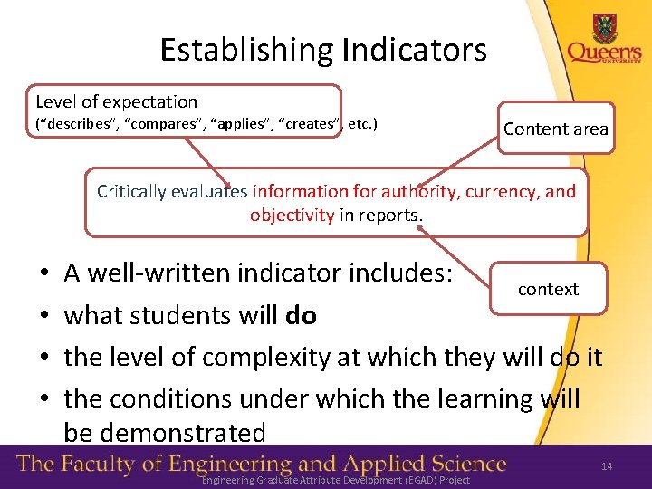 Establishing Indicators Level of expectation (“describes”, “compares”, “applies”, “creates”, etc. ) Content area Critically