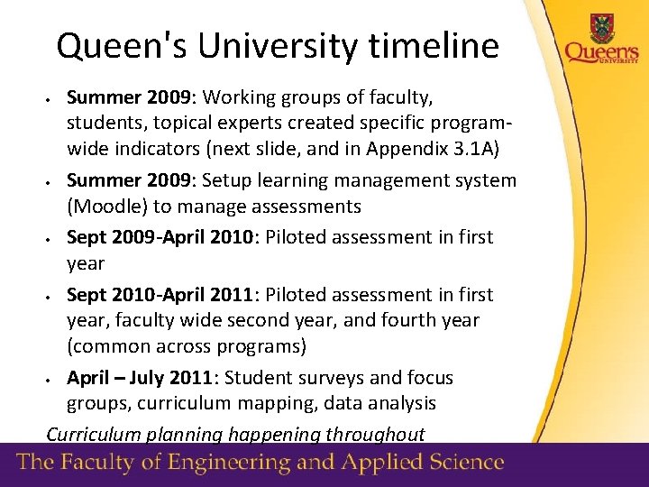 Queen's University timeline Summer 2009: Working groups of faculty, students, topical experts created specific