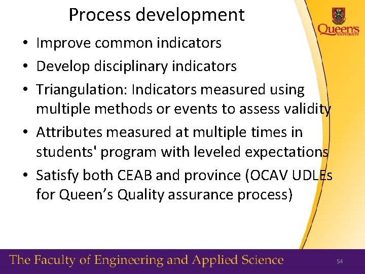 Process development • Improve common indicators • Develop disciplinary indicators • Triangulation: Indicators measured