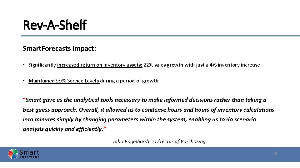 Rev-A-Shelf Smart. Forecasts Impact: • Significantly increased return on inventory assets: 22% sales growth