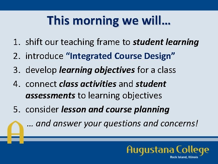 This morning we will… 1. 2. 3. 4. shift our teaching frame to student