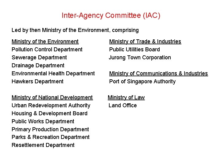 Inter-Agency Committee (IAC) Led by then Ministry of the Environment, comprising Ministry of the