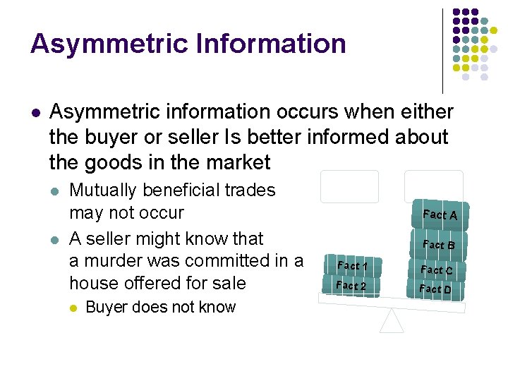 Asymmetric Information l Asymmetric information occurs when either the buyer or seller Is better