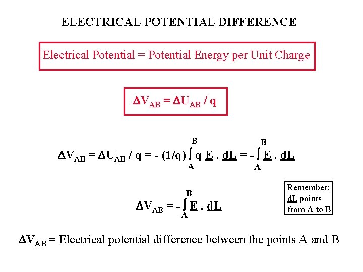 ELECTRICAL POTENTIAL DIFFERENCE Electrical Potential = Potential Energy per Unit Charge VAB = UAB