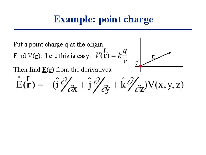 Example: point charge Put a point charge q at the origin. Find V(r): here