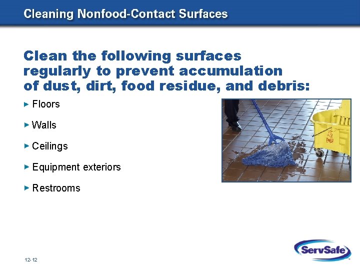 Clean the following surfaces regularly to prevent accumulation of dust, dirt, food residue, and