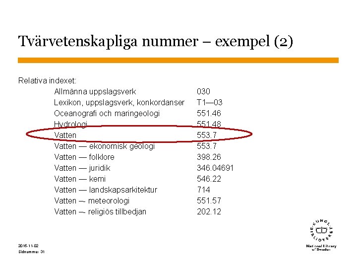 Tvärvetenskapliga nummer – exempel (2) Relativa indexet: Allmänna uppslagsverk Lexikon, uppslagsverk, konkordanser Oceanografi och