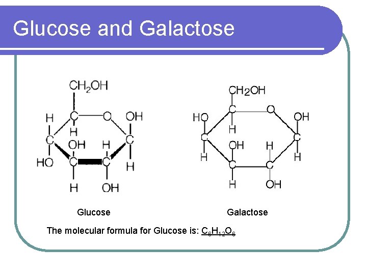 Glucose and Galactose Glucose Galactose The molecular formula for Glucose is: C 6 H