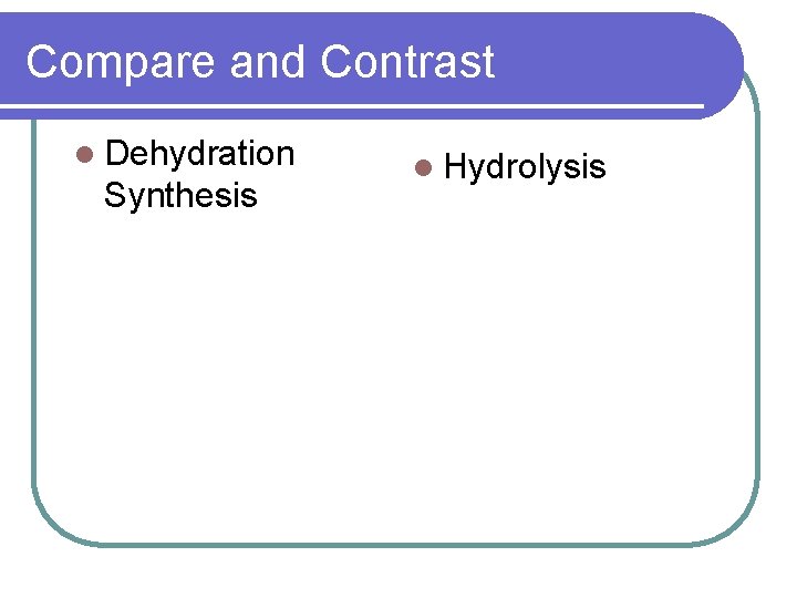 Compare and Contrast l Dehydration Synthesis l Hydrolysis 