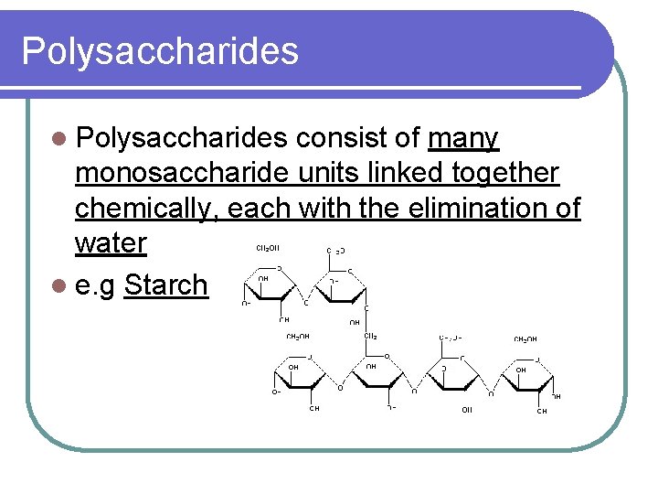 Polysaccharides l Polysaccharides consist of many monosaccharide units linked together chemically, each with the