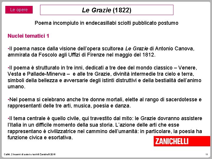 Le Grazie (1822) Le opere Poema incompiuto in endecasillabi sciolti pubblicato postumo Nuclei tematici