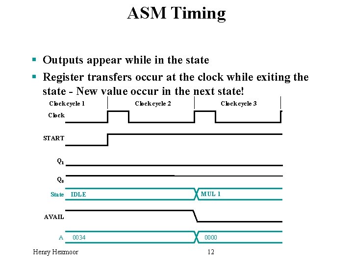 ASM Timing § Outputs appear while in the state § Register transfers occur at