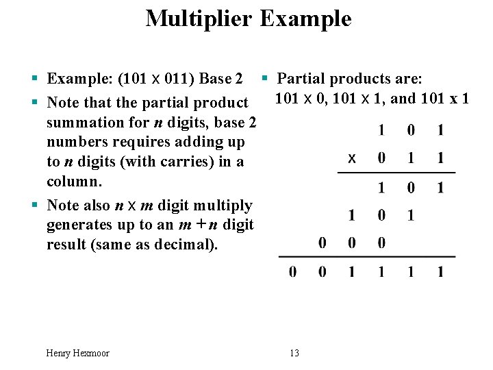 Multiplier Example § Example: (101 x 011) Base 2 § Partial products are: 101