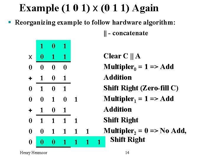 Example (1 0 1) x (0 1 1) Again § Reorganizing example to follow