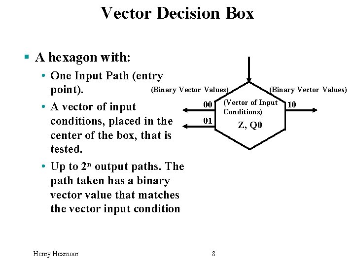 Vector Decision Box § A hexagon with: • One Input Path (entry (Binary Vector