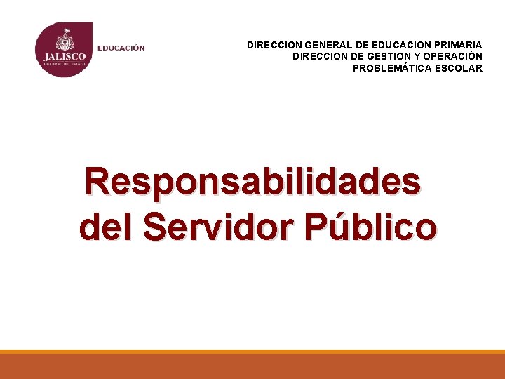 DIRECCION GENERAL DE EDUCACION PRIMARIA DIRECCION DE GESTION Y OPERACIÓN PROBLEMÁTICA ESCOLAR Responsabilidades del