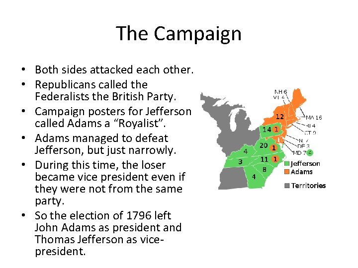 The Campaign • Both sides attacked each other. • Republicans called the Federalists the