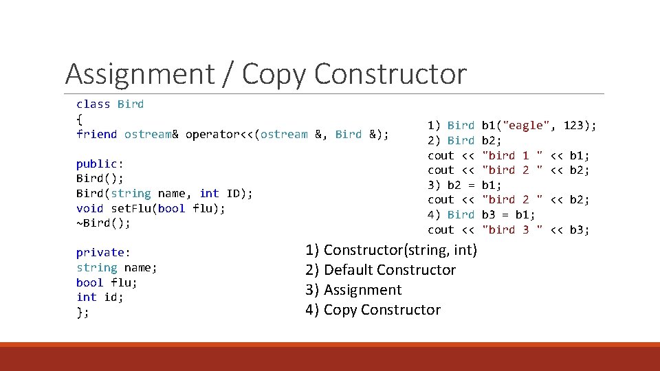 Assignment / Copy Constructor class Bird { friend ostream& operator<<(ostream &, Bird &); public: