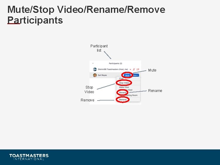 Mute/Stop Video/Rename/Remove Participants Participant list Mute Stop Video Remove Rename 