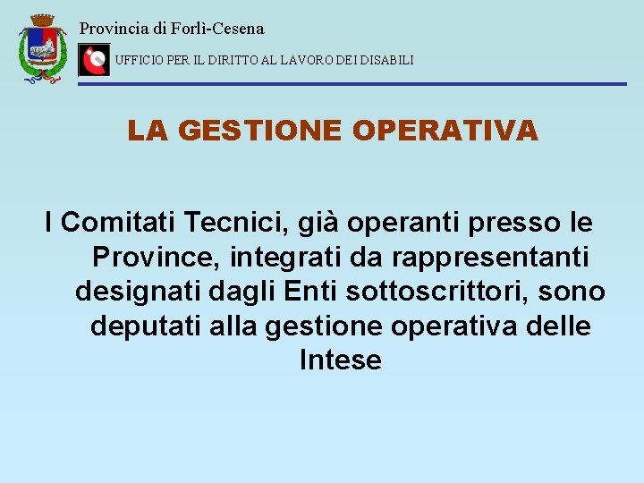 Provincia di Forlì-Cesena UFFICIO PER IL DIRITTO AL LAVORO DEI DISABILI LA GESTIONE OPERATIVA
