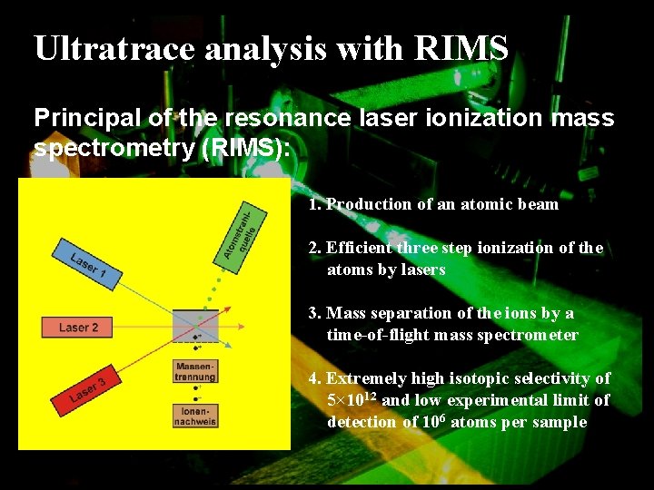 Ultratrace analysis with RIMS Principal of the resonance laser ionization mass spectrometry (RIMS): 1.