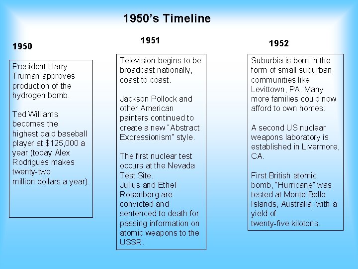1950’s Timeline 1950 President Harry Truman approves production of the hydrogen bomb. Ted Williams