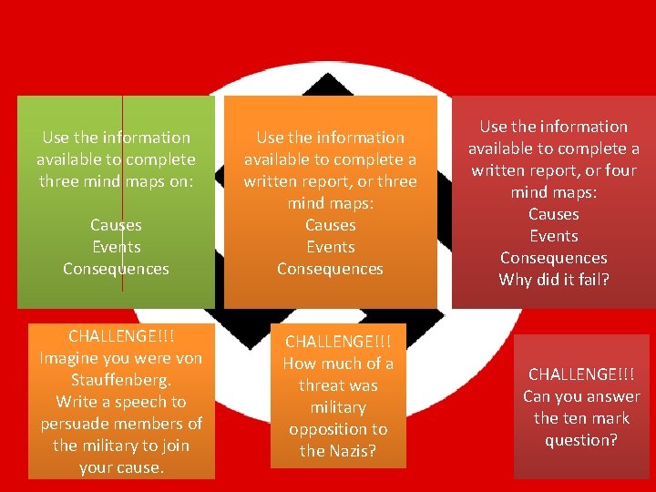 Use the information available to complete three mind maps on: Causes Events Consequences CHALLENGE!!!