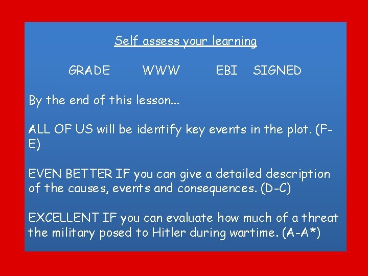 Self assess your learning GRADE WWW EBI SIGNED By the end of this lesson.