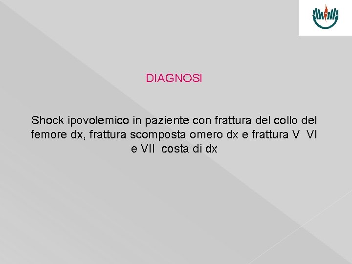 DIAGNOSI Shock ipovolemico in paziente con frattura del collo del femore dx, frattura scomposta