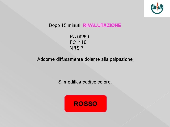 Dopo 15 minuti: RIVALUTAZIONE PA 90/60 FC 110 NRS 7 Addome diffusamente dolente alla