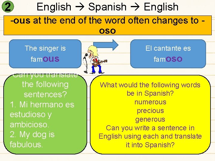2 English Spanish English -ous at the end of the word often changes to