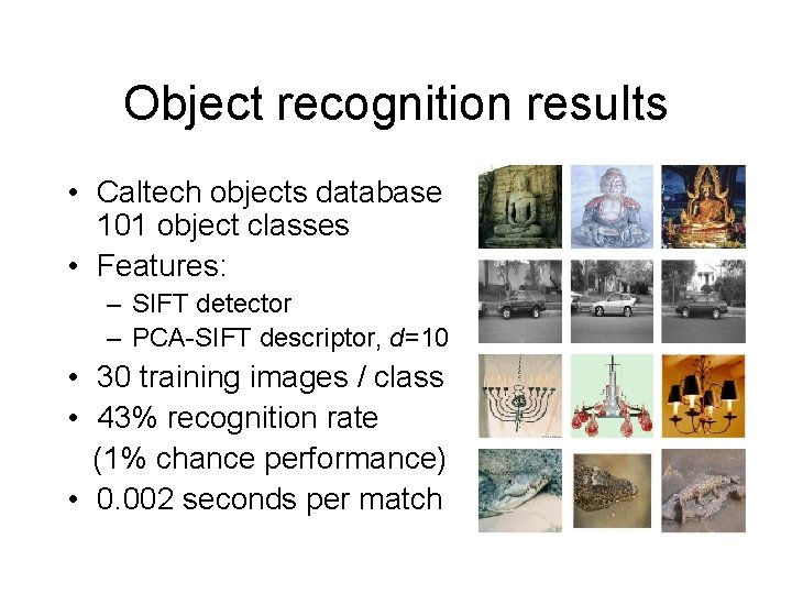 Object recognition results • Caltech objects database 101 object classes • Features: – SIFT