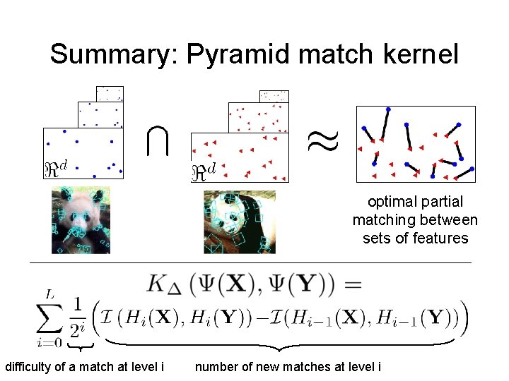 Summary: Pyramid match kernel optimal partial matching between sets of features difficulty of a