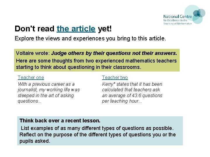 Don't read the article yet! Explore the views and experiences you bring to this