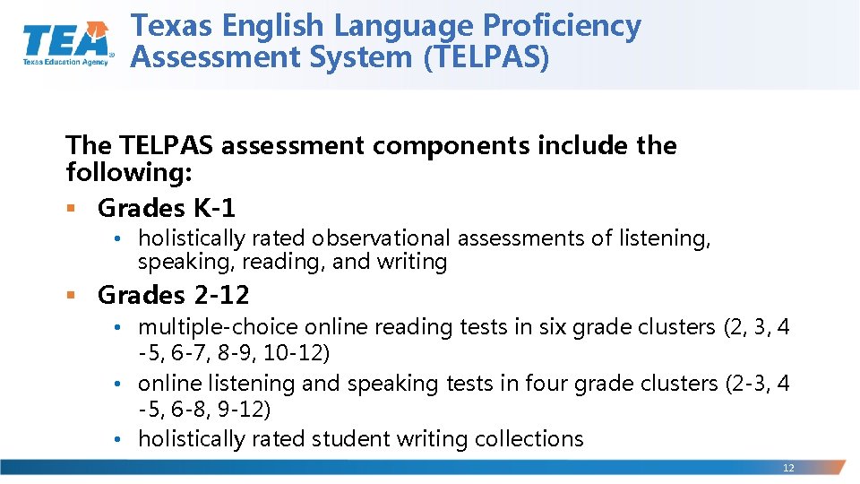 Texas English Language Proficiency Assessment System (TELPAS) The TELPAS assessment components include the following: